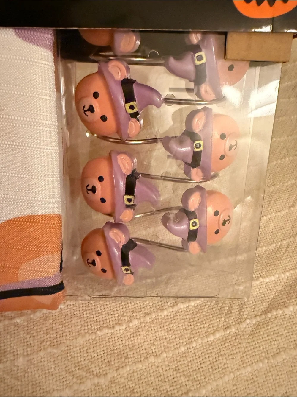 Orange Halloween Novelty Shower Curtain Set with Witch Bear Hooks